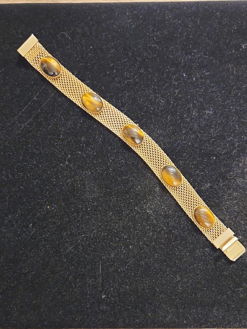 Gold-Tone Faux Tiger Eye Mesh Bracelet Vintage 7 Inch